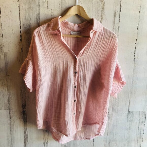 NWOT $148 Michael Stars Bailey Gauze Button Down Shirt S Short Sleeve Top Pink - Picture 1 of 12